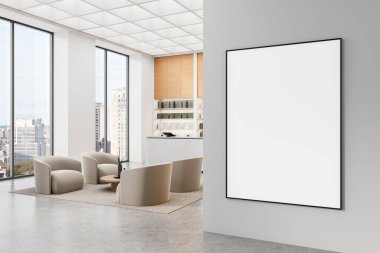 Modern iç mekanda yumuşak sandalyeli, şehir manzaralı ve parlak ışıklandırmalı temiz duvarda geniş çerçeveli boş poster şablonu. Tasarım modeli kavramı. 3B Hazırlama