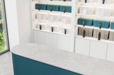 Kozmetik ekran rafları, minimalist tasarım tarzı, hafif arkaplan, perakende satış ve ürün düzenlemesi konsepti, 3D