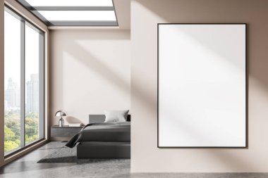 Modern yatak odasının içi, bej duvarda geniş dikey boş çerçeve, minimalist mobilyalar ve yerden tavana pencere, 3D görüntüleme.
