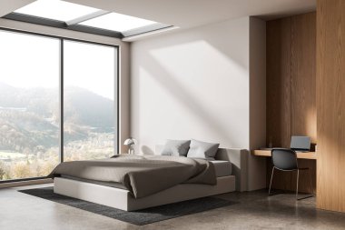 Konforlu yatağı, parlak masası ve ahşap panelleri olan, geniş panoramik penceresi ve doğal ışığı olan modern bir yatak odası. 3B Hazırlama