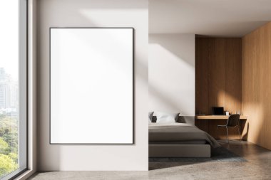 Modern yatak odasının duvarında boş bir poster, yatak ve ahşap çalışma alanı, minimalist düzen, pencereden gelen güneş ışığı, yaratıcı konsept. 3B Hazırlama
