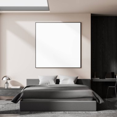 Modern yatak odasının içi yatağın üzerinde büyük boş poster çerçevesi, temiz minimum tasarım, yumuşak ışıklandırma, ışık duvarı arka planı, markalaşma konsepti. 3B Hazırlama