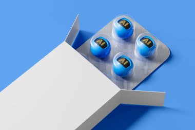 Mavi yapay zeka kapsülleri, beyaz bir kutudan çıkan yapay zeka ilaçlarını sembolize eden, mavi arka plandaki fütüristik konsept modellemeleri. 3B Hazırlama