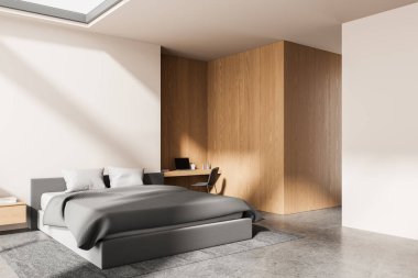 Minimalist yatak odası içi, rahat gri yatak odası, ahşap duvarlar, çalışma masası ve tavan penceresi aydınlatması, beton zemin üzerinde. Modern tasarım kavramı. 3B Hazırlama