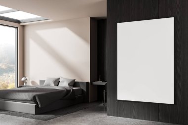 Şık bir iç mekan. Koyu ahşap duvarda boş tuval, minimalist tasarım, geniş pencere arkaplanı, modern ev dekorasyonu konsepti, 3 boyutlu tasarım.