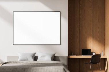 Yatağın üzerinde boş çerçeve, ahşap masa çalışma alanı, yumuşak ışıklandırma, konforlu ortam, İskandinav tasarımı konsepti, 3D