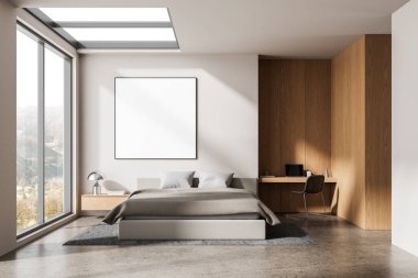 Çağdaş yatak odası, rahat yatak odası, ahşap panelli çalışma alanı, büyük pencereler ve tavan penceresi. Tarafsız arkaplanda 3B görüntüleme
