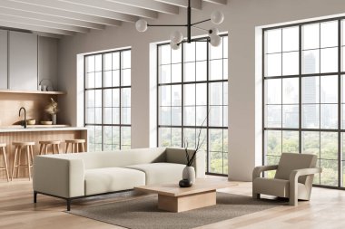 Konforlu bej mobilyalar, ahşap dekorlar, büyük cam pencereler ve şehir manzaralı modern oturma odası. 3B Hazırlama