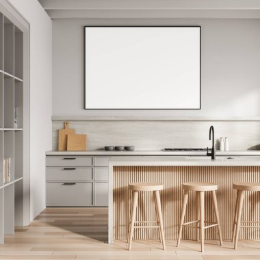 Minimalist mutfak içi tezgahın üzerinde boş poster modeli, tahta tabureler ve temiz arka planda nötr tonlar. Düzen sunumu kavramı. 3B Hazırlama