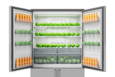 Modern buzdolabının içi yeşil elma ve portakal suyu şişeleriyle dolu, temiz beyaz arka plan, sağlık ve beslenme konsepti, 3D görüntüleme