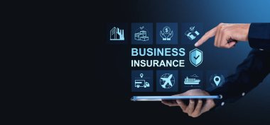 Dijital arayüzdeki iş sigortası ikonlarına el işareti, modern tarz, karanlık eğilim arkaplan, kurumsal finansal koruma kavramı