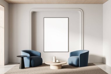 Minimalist iç mekan, iki mavi koltuk, yuvarlak masa, ve temiz bir duvar zemininde boş poster, poster modeli veya tasarım şablonu için ideal. 3B Hazırlama