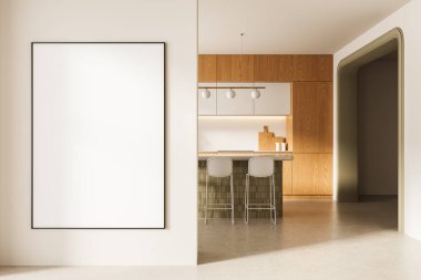 Modern mutfak mobilyaları ve nötr arka planla parlak iç mekânlarda büyük boş bir poster modeli. Temiz tasarım tasarım sunum konsepti. 3B Hazırlama