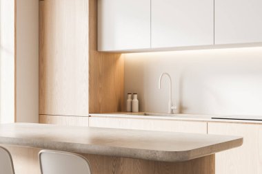 Modern minimalist mutfak iç dekorasyonu hafif ahşap dolaplar, beyaz musluk ve yumuşak bej arka planda taş tezgah. Zarafetin 3 boyutlu canlandırması