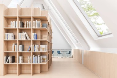 Minimalist tavan arası kütüphanesi, açık ahşap raflar, kitaplar, ve temiz modern iç tasarımla eğimli tavan pencereleri, 3D