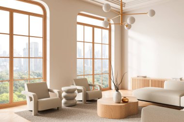 Tarafsız mobilyalar, heykel dekoru, büyük ahşap pencereler ve şehir silueti arka planının yer aldığı parlak modern oturma odası. 3B Hazırlama