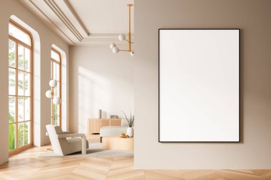 Çağdaş iç mekan, bej bir duvarda boş çerçeveli bir poster, minimalist hafif ahşap mobilyalar, yumuşak ışıklandırma, temiz tasarım konsepti, 3D