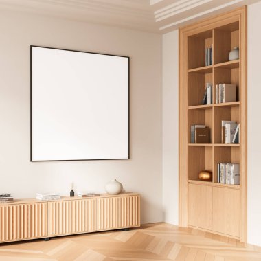 Ahşap dolabın üstündeki duvarda boş bir poster, rahat bir iç mekan, temiz modern tarz, hafif nötr arka plan. Tasarım şablonu ve düzeni kavramı. 3B Hazırlama