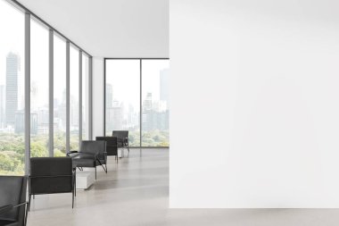 Koltukları ve masaları olan modern bekleme odası, minimalist stili, şehir manzaralı cam duvar arka planı, ofis tasarımı konsepti. 3B Hazırlama