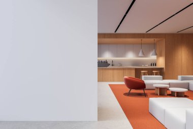 Çağdaş iç mimari sol tarafında boş beyaz duvar, kırmızı halılı modern salon ve sağında ahşap mutfak, temiz mizansen sunumu. 3B Hazırlama