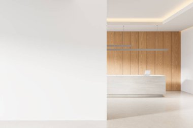 Modern ofis içi boş beyaz duvar ve ahşap resepsiyon masası, minimalist tasarım, hafif arka plan, markalaşma ve reklam kavramı. 3B Hazırlama