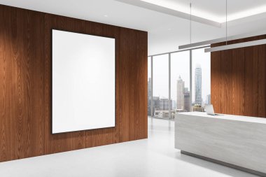 Ahşap panelin duvarına boş poster modeli asgari ofis içi resepsiyon masası ve şehir manzarası arka planı. Üç boyutlu görüntüleme. Markalaşma sunumu kavramı