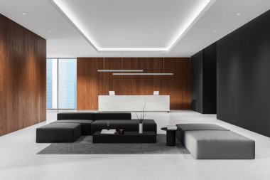 Minimalist ofis lobisi. Ahşap paneller, modüler mobilyalar ve temiz bir ortamda resepsiyon masası. Modern tasarımın 3B görüntülemesi