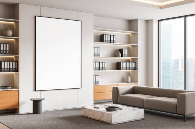Kanepe, raflar, mermer masa ve boş çerçeve ile çağdaş ofis iç mimarisi, minimalist stil, şehir manzarası pencere görünümü, modern çalışma alanı konsepti, 3D oluşturma