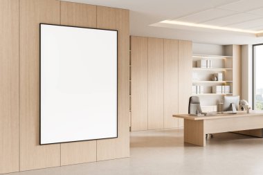 Ahşap panelli duvarları, geniş boş çerçevesi, modern masa ve rafları, nötr bej tonları, temiz tasarım konsepti olan çağdaş ofis içi. 3B Hazırlama