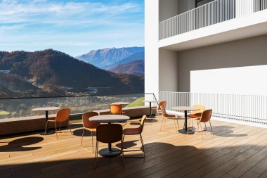 Yuvarlak masa ve turuncu sandalyeli açık teras, modern tasarım tarzı, dağ manzarası arka planı, rahatlama ve rahatlama konsepti, 3D canlandırma