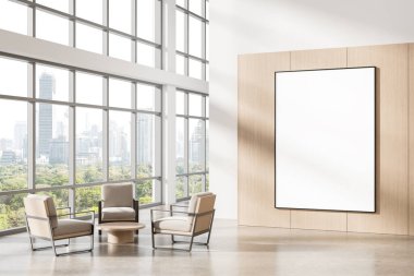 Ahşap duvarda büyük boş poster çerçevesi, gerçekçi grafik tarzı, şehir manzarası arka planı, tasarım ya da markalaşma konsepti olan parlak ofis içi. 3B Hazırlama