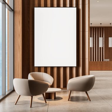 Ahşap kaplama duvarlı, yumuşak bej sandalyeli ve geniş pencereli zarif iç kısımda boş bir poster modeli. Üç boyutlu görüntüleme. Düzen veya tasarım kavramı