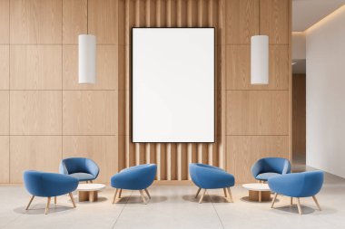 Modern iç mekanda mavi şezlonglar, yuvarlak masalar, yumuşak ışıklandırma ve minimalist düzen ile çerçevelenmiş boş poster modeli. 3B Hazırlama