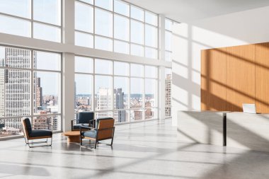 Minimalist mobilyalarla çağdaş ofis içi ve geniş pencereli ve şehir manzaralı parlak, güneşli bir odada resepsiyon masası. 3B Hazırlama