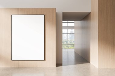 Boş modern iç döşeme, açık ahşap duvar paneli, büyük boş dikey poster, beton zemin ve pencereden şehir manzarası. 3B Hazırlama