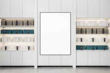 Temiz modern iç mekan içinde boş dikey poster modeli. Organize ürün kutuları ve tüpler rafları, beyaz duvar arkaplanı, 3D oluşturma
