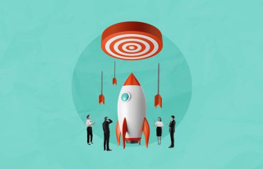 Kırmızı yüzgeçli roket hedefe nişan alındı. Etrafı oklarla çevrili, iş adamları, kesme stili, deniz mavisi arka planda, başlangıç başarısını simgeliyor.