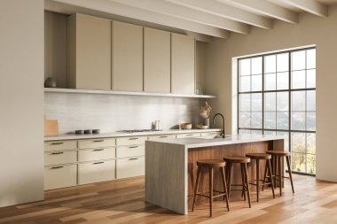 Bej dolaplar, ahşap aksanlar ve büyük ada ile çağdaş mutfak iç mimarisi, minimalist 3D rendirme tarzı parlak gün ışığı arka planı