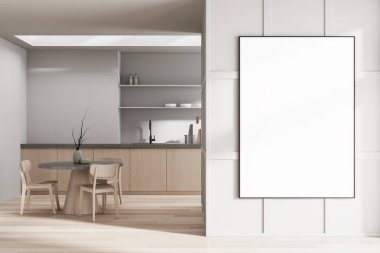 Beyaz duvarında boş çerçeveli afişi olan parlak minimalist bir mutfak, ahşap mobilyalar ve temiz bir düzen. 3B Hazırlama
