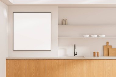 Temiz beyaz duvarda boş poster modeliyle modern mutfak sahnesi, açık raflar ve ahşap doku unsurları, markalaşma konsepti, 3 boyutlu oluşturma