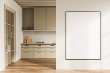 Çağdaş mutfak içi, bej bir duvarda büyük boş bir dikey çerçeveli poster, temiz bir düzen ve ahşap detaylar, reklam modeli konsepti. 3B Hazırlama