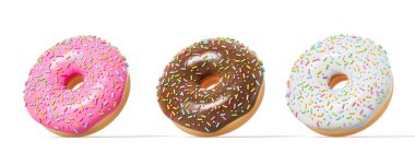 Pembe, kahverengi ve beyaz kremalı üç çörek, üzerine renkli şekerler serpiştirilmiş, gerçekçi grafik tarzı, beyaz arka planda izole edilmiş. Tatlı konsepti. 3B Hazırlama