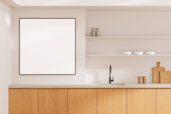 Современная кухонная сцена с пустым макетом постера на чистой белой стене, минимальная планировка с открытыми полками и элементами текстуры дерева, концепция брендинга, 3D рендеринг