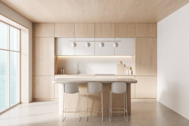 Hafif ahşap dolaplı modern mutfak, nötr tezgahlar, kolye ışıkları ve temiz bir stüdyo arka planında minimalist tarzda bar tabureleri. 3B Hazırlama