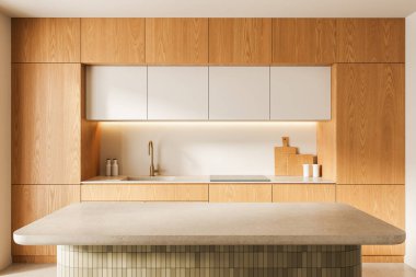 Hafif ahşap mutfak iç tasarımı, pürüzsüz yüzeyler ve modern ev ortamında nötr renkler. 3B Hazırlama