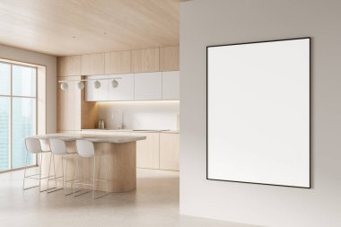 Duvarında boş çerçeveli bir poster olan çağdaş iç mekan sahnesi, temiz minimum tasarım, yumuşak ışık arka planı. Tasarım ve markalaşma kavramı. 3B Hazırlama