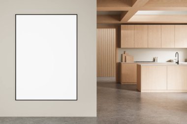 Modern mutfak iç dekorasyonunda duvarda boş dikey poster şablonu, ahşap kabin, beton zemin ve yumuşak ışıklandırma. 3B Hazırlama