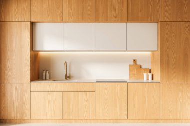 Minimalist mutfak iç mimarisi, hafif ahşap dolaplar, beyaz üst dolaplar, tarafsız arka planda lavabo ve soba. Modern yaşam tarzı kavramı. 3B Hazırlama