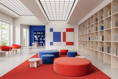 Renkli oturma yerleri, geometrik duvar sanatı, ahşap kitap rafları ve açık alanda modern tasarım elementleriyle çağdaş kütüphane içi. 3B Hazırlama