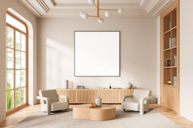 Duvarında boş çerçeveli bir poster, minimalist mobilyalar, ahşap elementler ve yumuşak tonlarla modern iç mekan, parlak bir arka plan. 3B Hazırlama